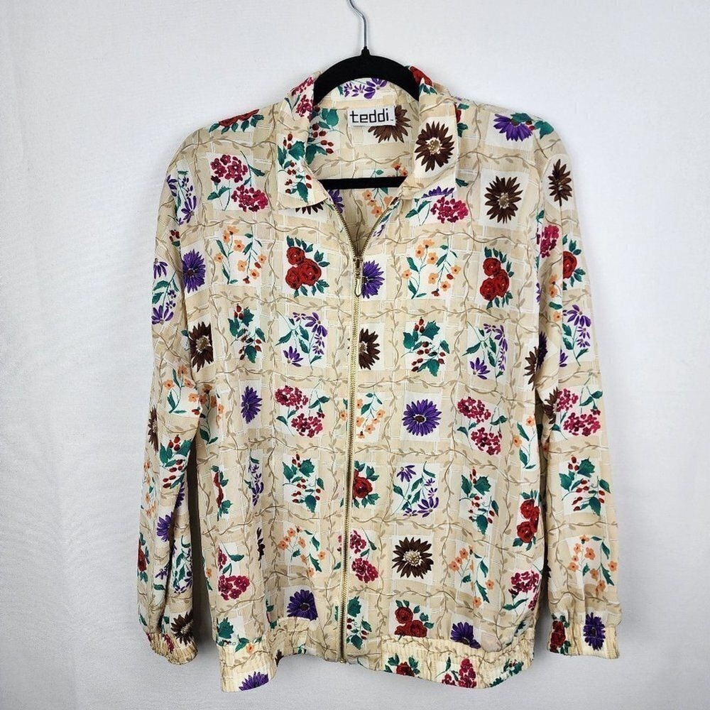 Teddi Vintage Floral Grid Zip Up Jacket Cream Purple Red Botanical Womens Medium